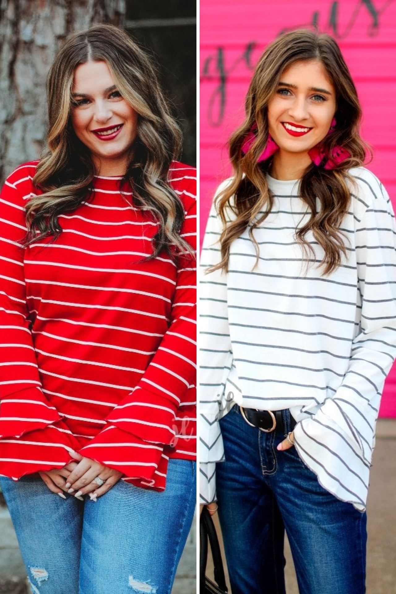 lightweight horizontal striped top with layered ruffle sleeves in red and white