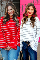 lightweight horizontal striped top with layered ruffle sleeves in red and white