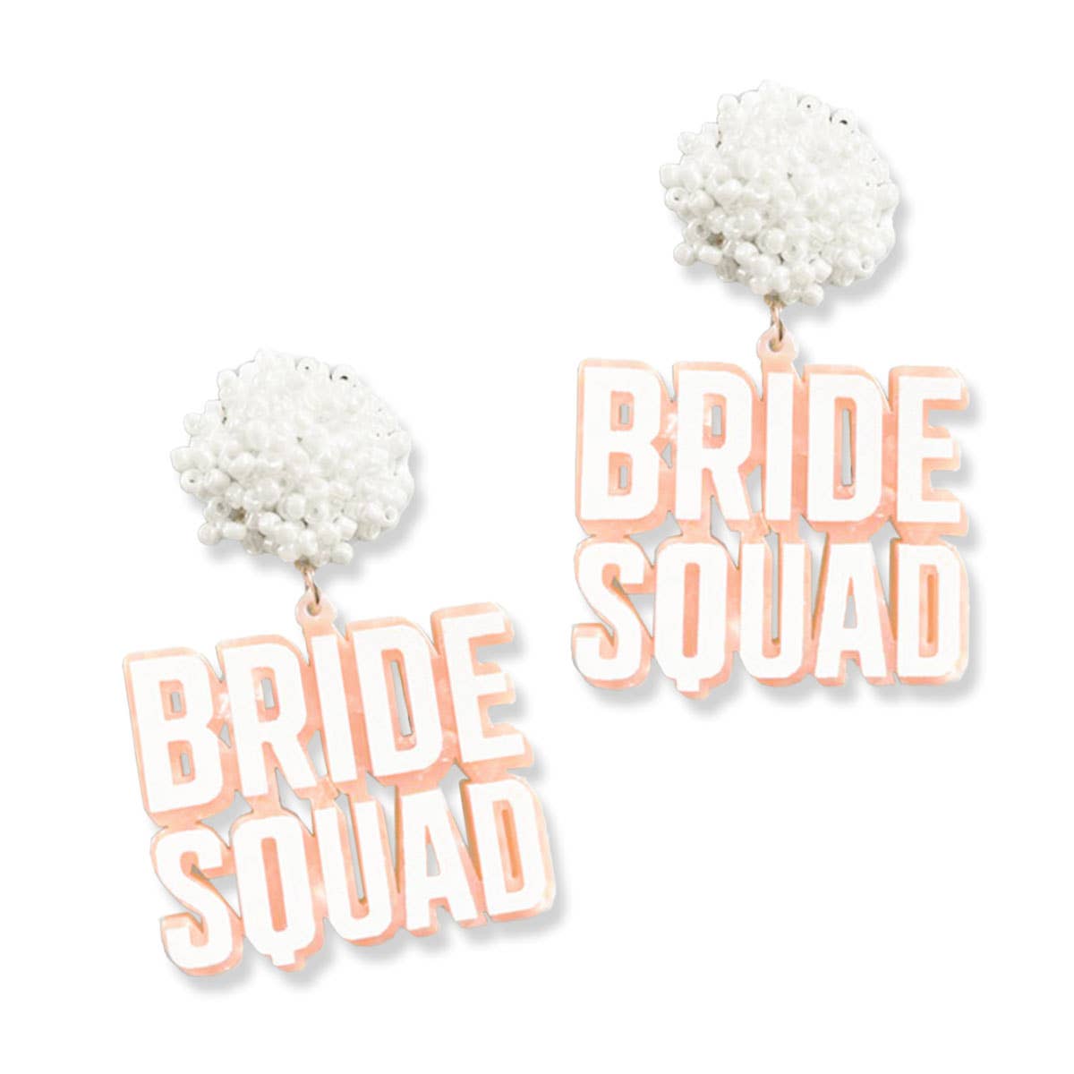 Earrings with 'BRIDE SQUAD' text and white bead details on a white background