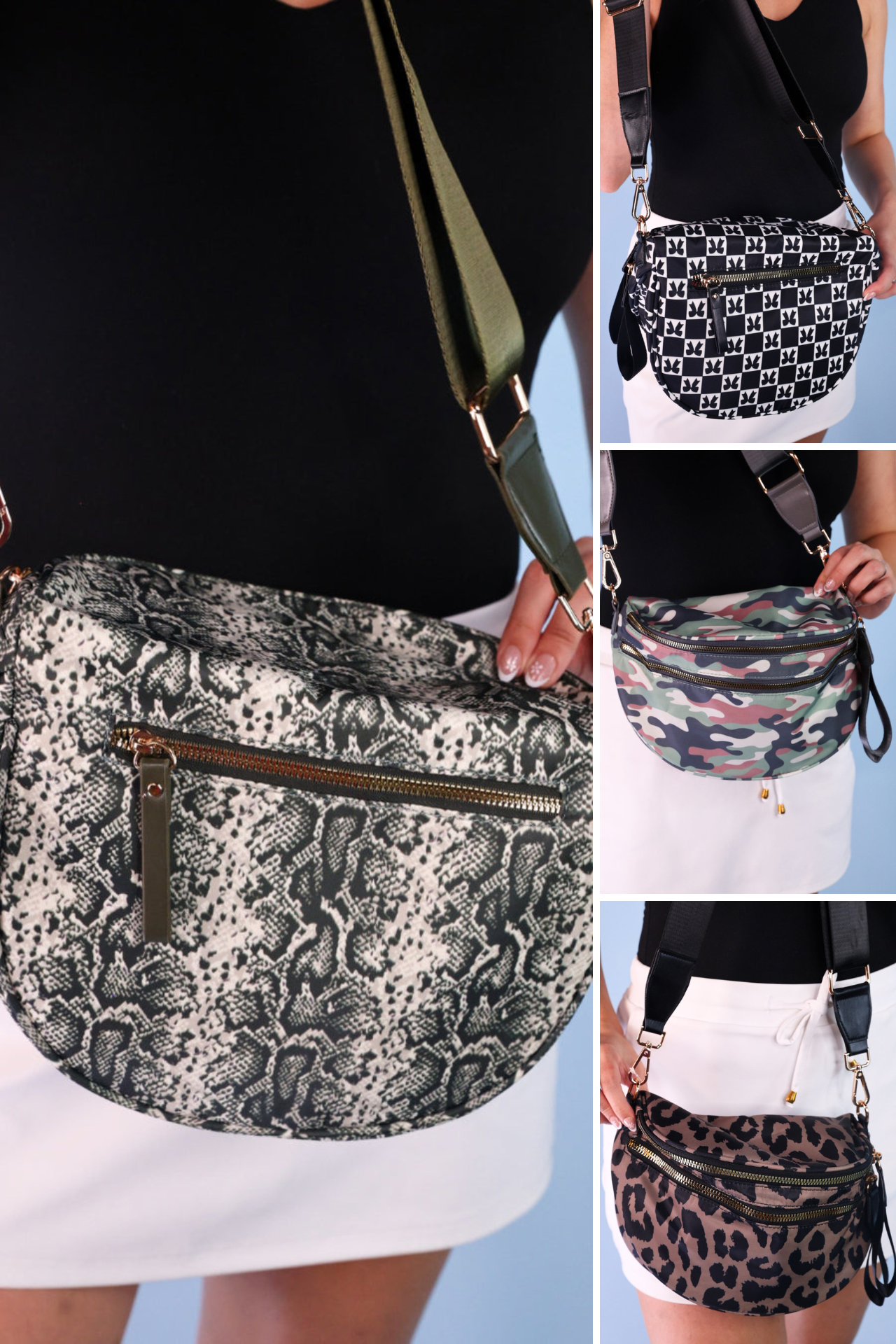 spacious bum bag with double front zippers, a back zipper, an interior zipper pocket, an adjustable strap, and gold hardware accents in bow chic checkered, cody camo, lyra leopard, and sylvie snake