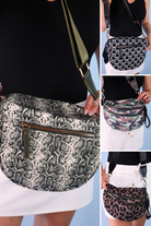 spacious bum bag with double front zippers, a back zipper, an interior zipper pocket, an adjustable strap, and gold hardware accents in bow chic checkered, cody camo, lyra leopard, and sylvie snake