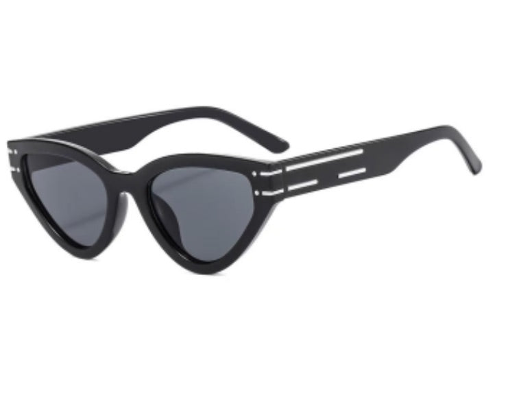 glossy black cat-eye sunglasses with dark lenses, silver and white raised accent on the temple, and brand name detail (on both the temple and the complimentary black pouch)