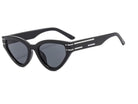 glossy black cat-eye sunglasses with dark lenses, silver and white raised accent on the temple, and brand name detail (on both the temple and the complimentary black pouch)