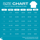 A teal size chart graphic for a touch down leopard tee, showing measurements in inches for sizes S through 3XL, with a t-shirt icon and size text at the top.