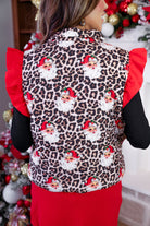 lightweight quilted puffer vest with a playful vintage Santa print on a bold leopard pattern, snap-front closure, flattering fit, practical pockets, and whimsical red ruffle shoulder detail