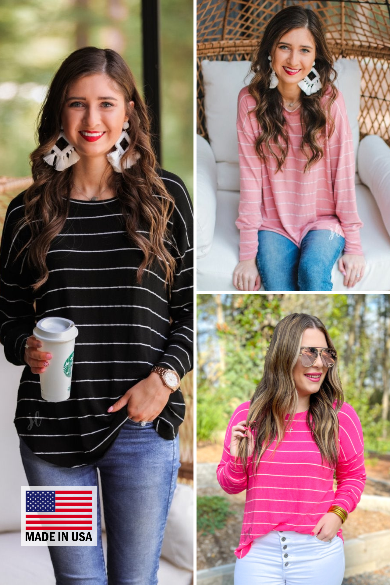 MADE IN USA lightweight horizontal striped top with long sleeves, a crew neckline, and a slouched silhouette that ends in a rounded hemline on a solid color base in black, mauve, and pink