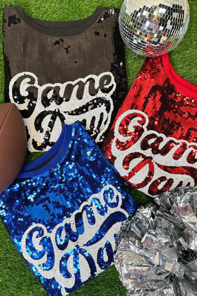 a full sequin design on a solid color with the words GAME DAY on the center front outlined in white sequins, a boxy fit, and a lined interior