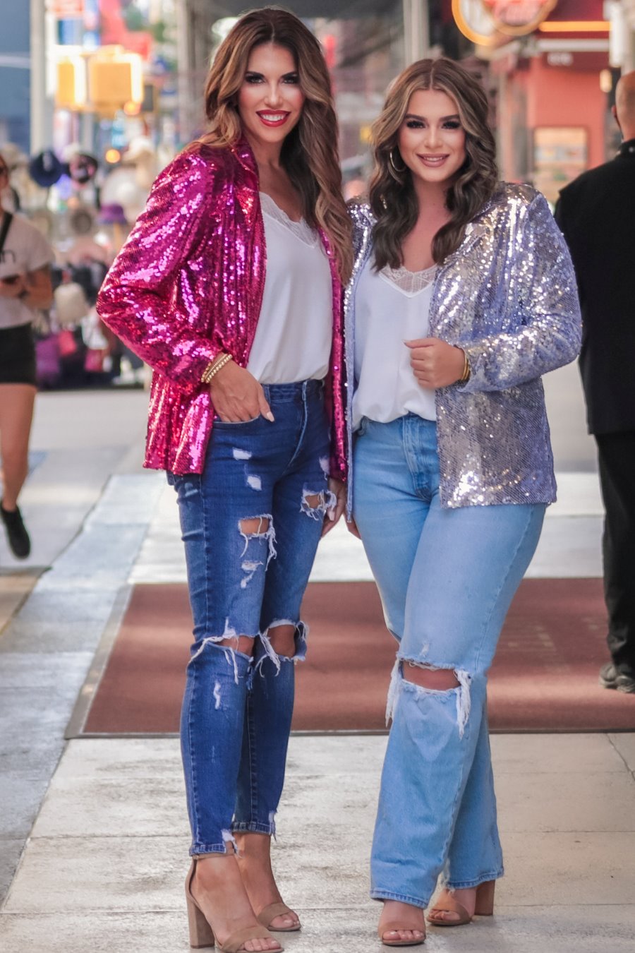 long sleeve blazer with all-over sequins, a collar, & an interior lining