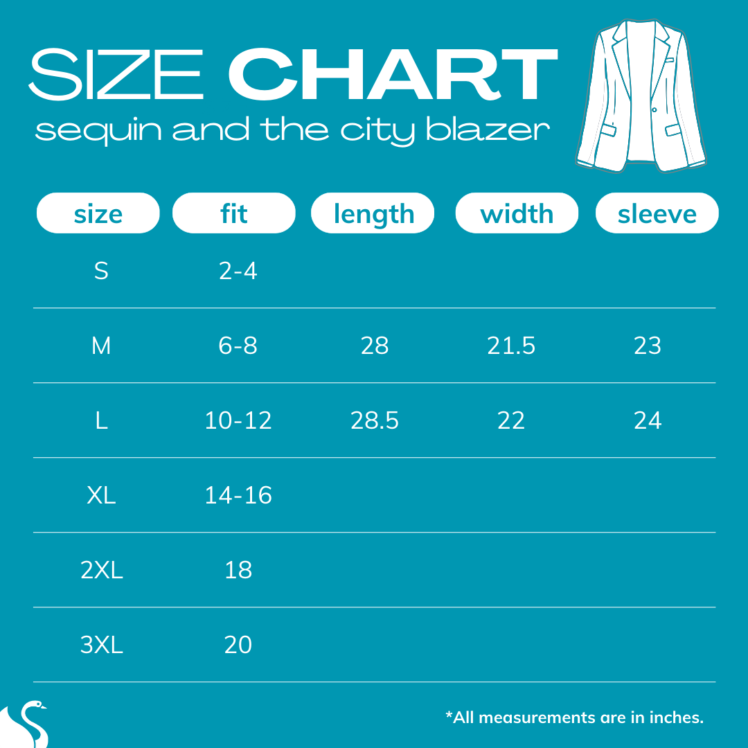 size chart for SEQUIN AND THE CITY BLAZER