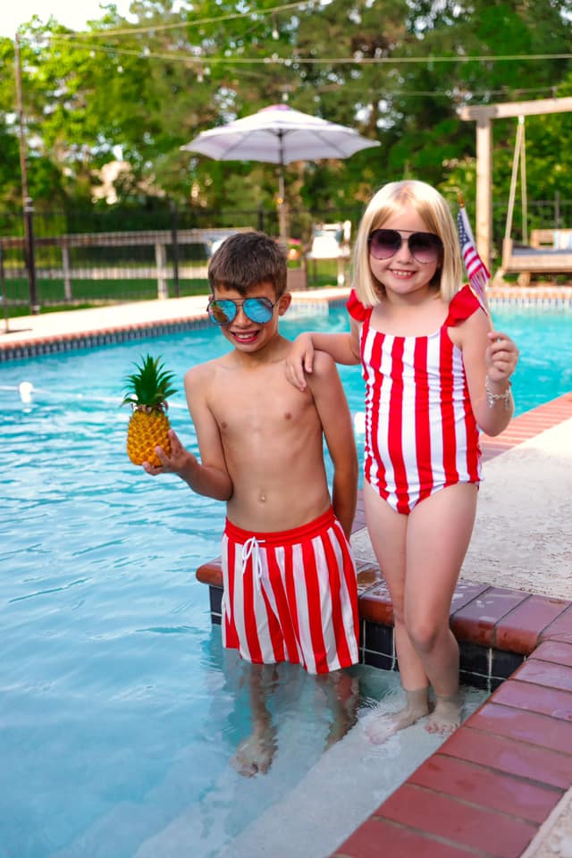 red and white striped swimsuit trunks for boys and one-piece for girls