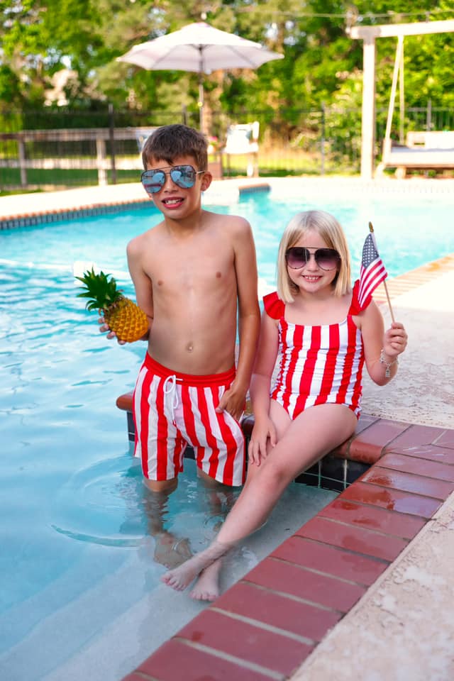red and white striped swimsuit trunks for boys and one-piece for girls