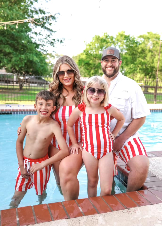 red and white striped swimsuit trunks for boys and men and one-piece for girls and women