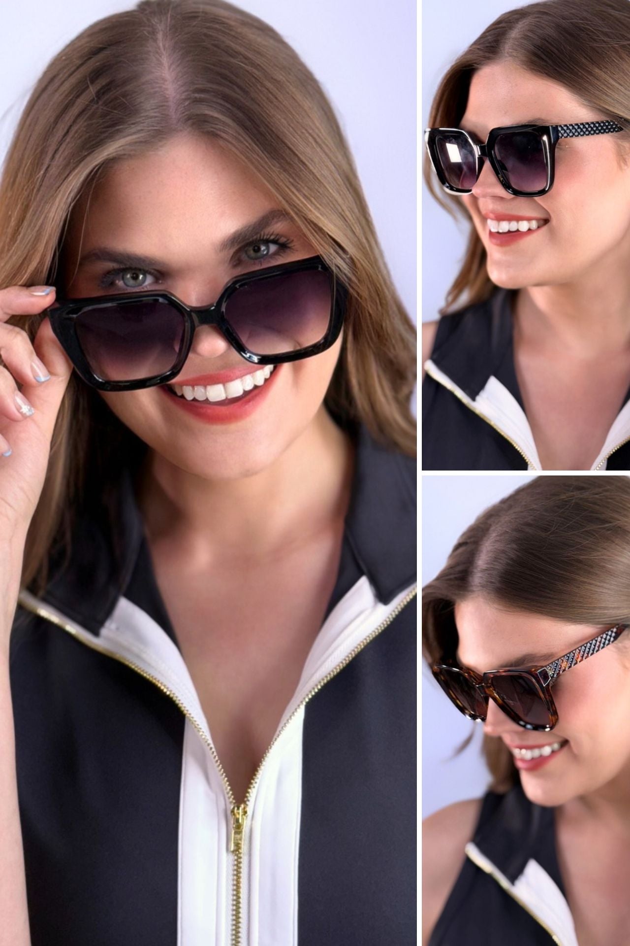 oversized square sunglasses in black or tortoise with dark lenses, a raised geometric texture on the temples, and brand name detail (on both the temple and the complimentary black pouch)
