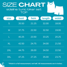 A size chart graphic for a sideline tunic biker set shorts, showing sizing from S to 3XL with measurements for inseam, leg width, side length, and waist in inches on a teal background.