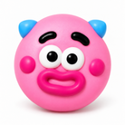 a round changeable face squishy balls with a soft matte-like surface, squeezable construction, assorted removable facial pieces, customizable expressions, vibrant color options, and individual packaging in pink