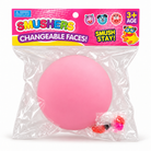 a round changeable face squishy balls with a soft matte-like surface, squeezable construction, assorted removable facial pieces, customizable expressions, vibrant color options, and individual packaging in pink