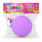 a round changeable face squishy balls with a soft matte-like surface, squeezable construction, assorted removable facial pieces, customizable expressions, vibrant color options, and individual packaging in purple