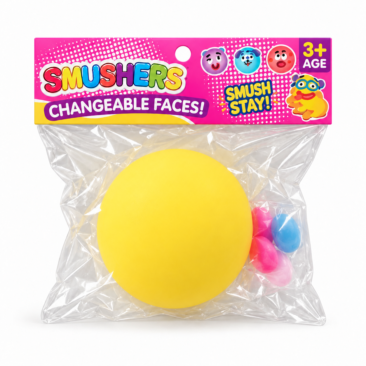 a round changeable face squishy balls with a soft matte-like surface, squeezable construction, assorted removable facial pieces, customizable expressions, vibrant color options, and individual packaging in yellow