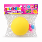 a round changeable face squishy balls with a soft matte-like surface, squeezable construction, assorted removable facial pieces, customizable expressions, vibrant color options, and individual packaging in yellow