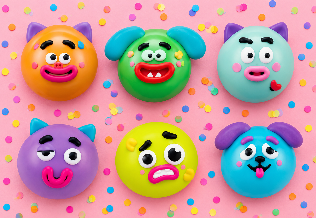 round changeable face squishy balls with a soft matte-like surface, squeezable construction, assorted removable facial pieces, customizable expressions, vibrant color options, and individual packaging in blue, green, mint, orange, purple, and yellow
