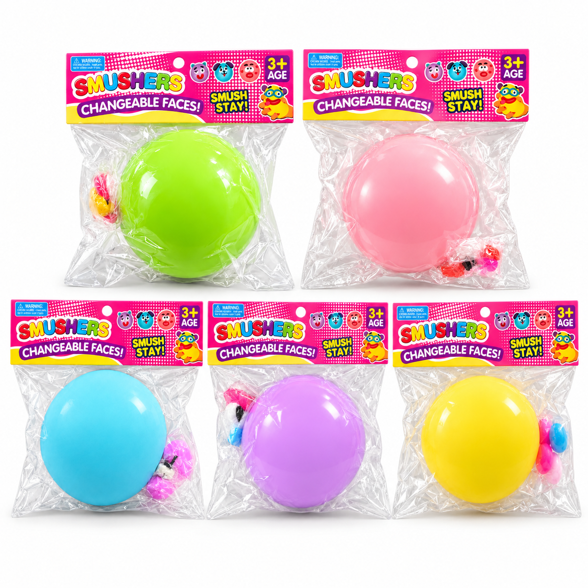 round changeable face squishy balls with a soft matte-like surface, squeezable construction, assorted removable facial pieces, customizable expressions, vibrant color options, and individual packaging in blue, green, pink, purple, and yellow