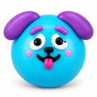a round changeable face squishy balls with a soft matte-like surface, squeezable construction, assorted removable facial pieces, customizable expressions, vibrant color options, and individual packaging in blue