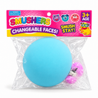 a round changeable face squishy balls with a soft matte-like surface, squeezable construction, assorted removable facial pieces, customizable expressions, vibrant color options, and individual packaging in blue