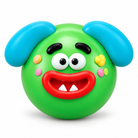 a round changeable face squishy balls with a soft matte-like surface, squeezable construction, assorted removable facial pieces, customizable expressions, vibrant color options, and individual packaging in green