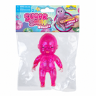 a pink squishy baby with a super soft slow-rising feel, gel-filled, and a bright translucent color inside a clear hanging bag with a colorful header card