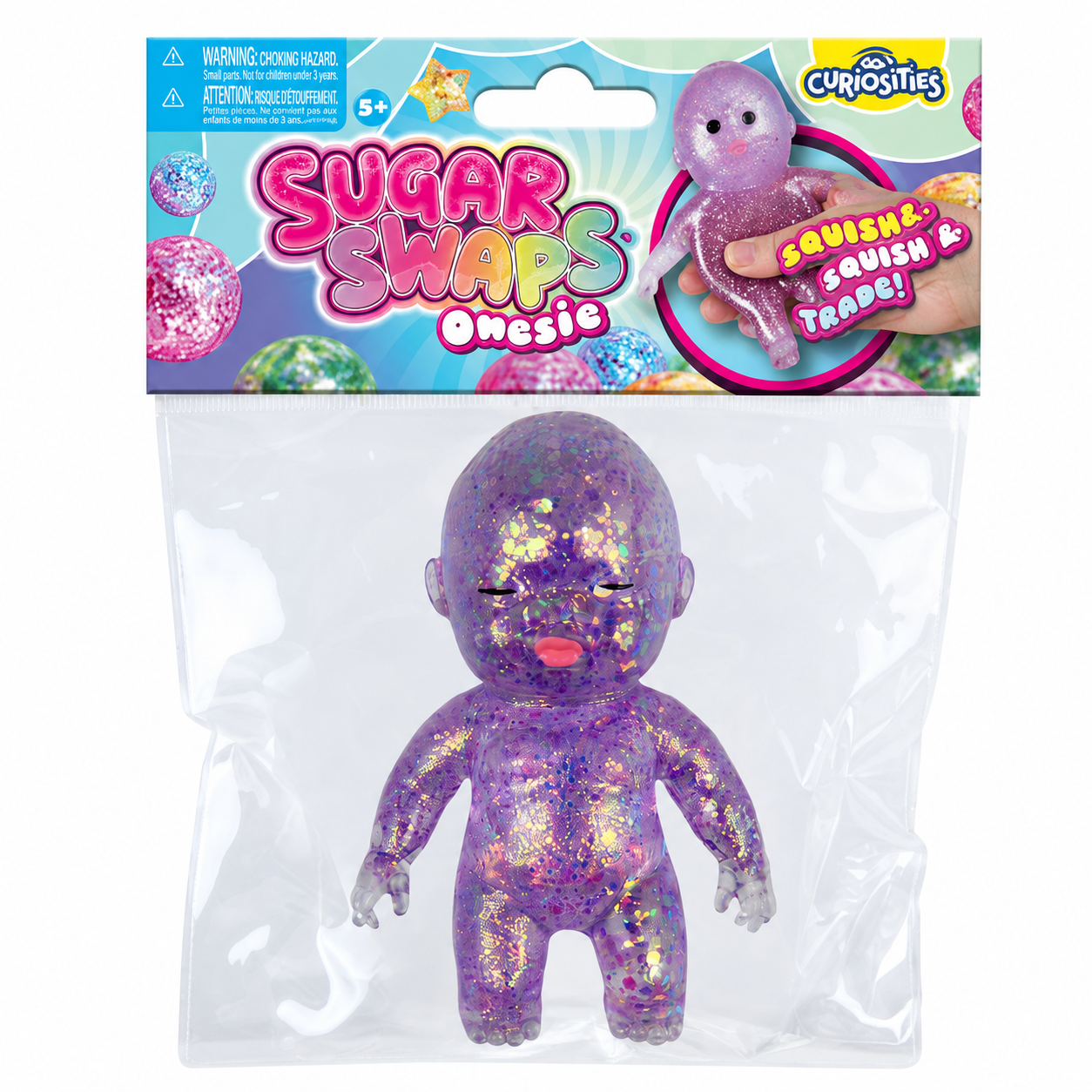 a purple squishy baby with a super soft slow-rising feel, gel-filled, and a bright translucent color inside a clear hanging bag with a colorful header card