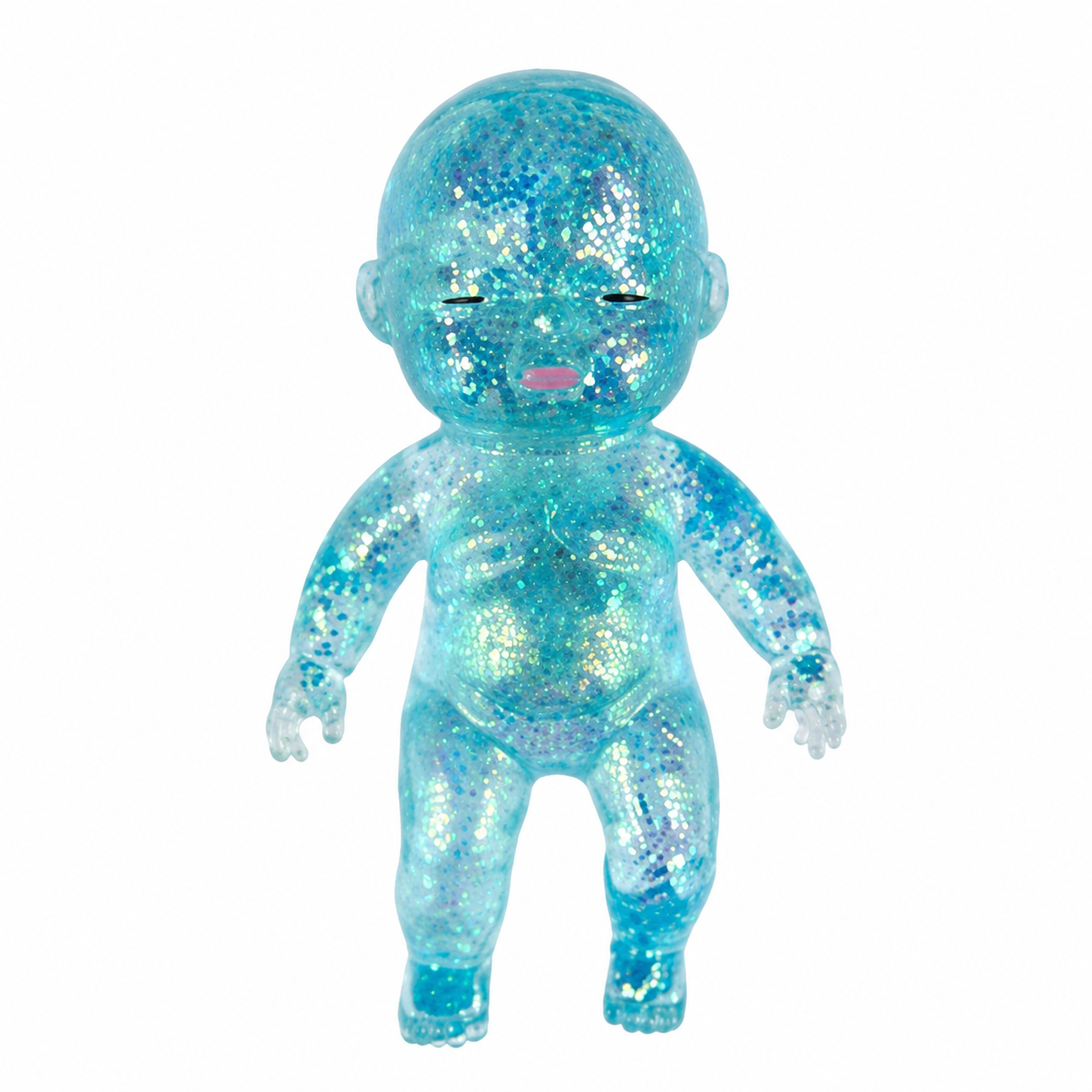 a teal squishy baby with a super soft slow-rising feel, gel-filled, and a bright translucent color
