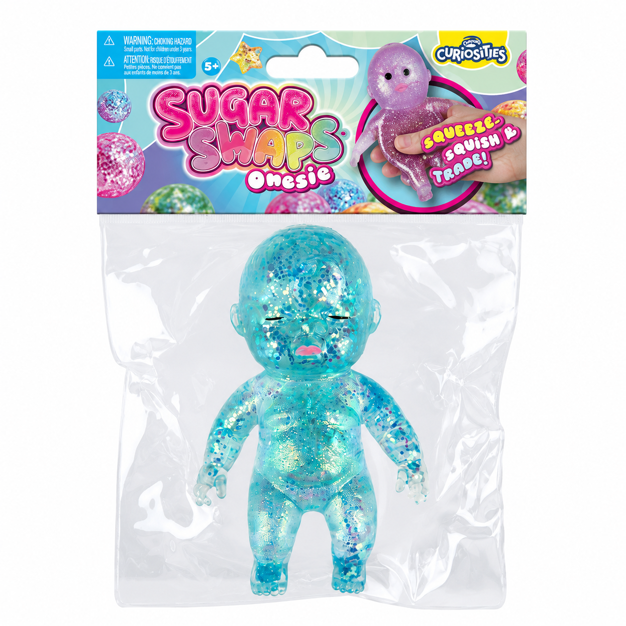 a teal squishy baby with a super soft slow-rising feel, gel-filled, and a bright translucent color inside a clear hanging bag with a colorful header card