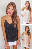 adjustable strap racerback style sleeveless cami with a v-neckline on a sequin fabric in black, champagne, and rose gold