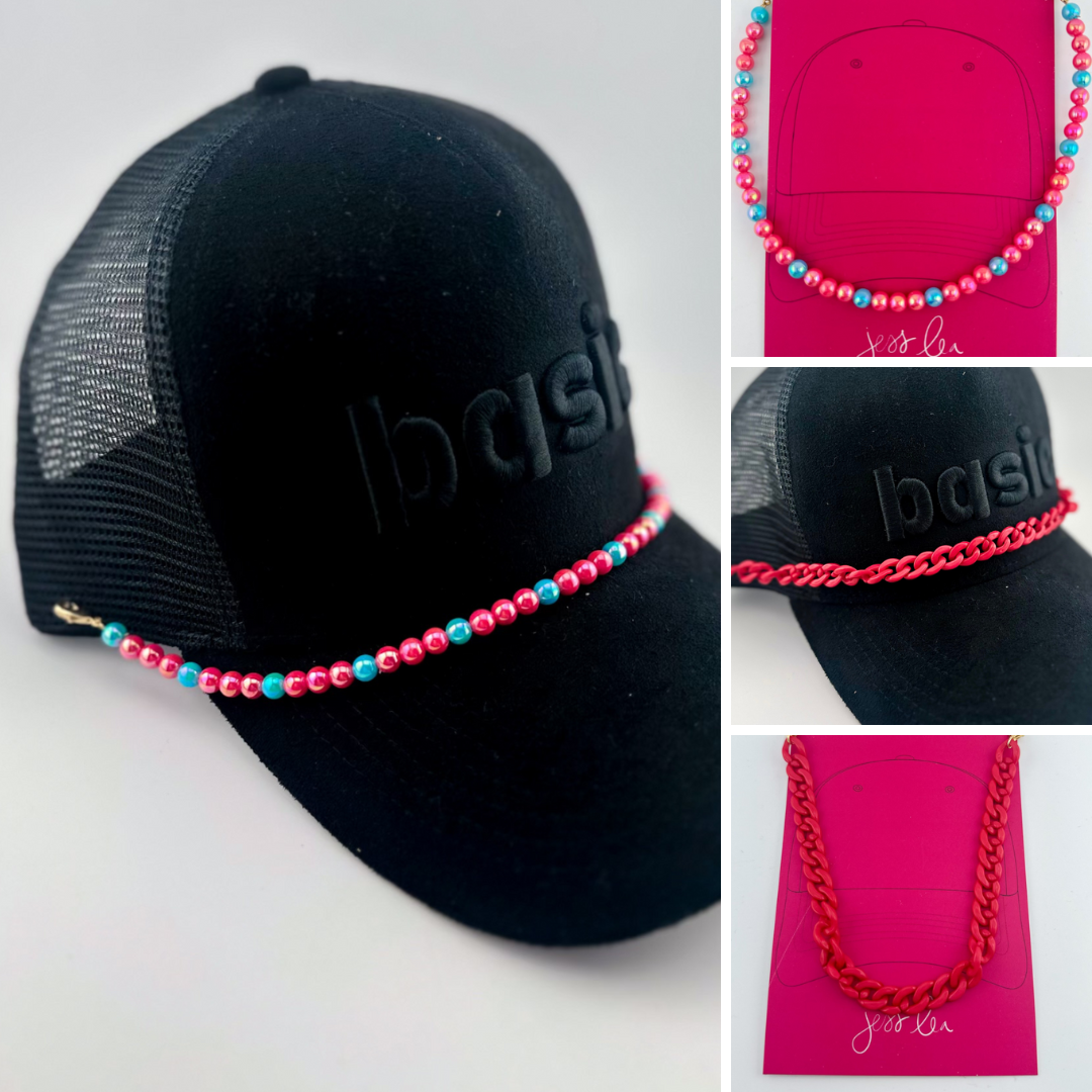 trendy hat chains in pearlescent shimmer pearls (pink and turquoise) and link chain (pink)