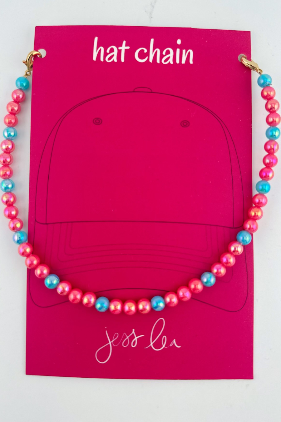 trendy hat chain in pearlescent shimmer pearls (pink and turquoise)