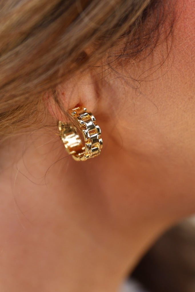 gold-plated brass hoop earrings with a watch link pattern and a stud backinggold-plated brass hoop earrings with a watch link pattern and a stud backing