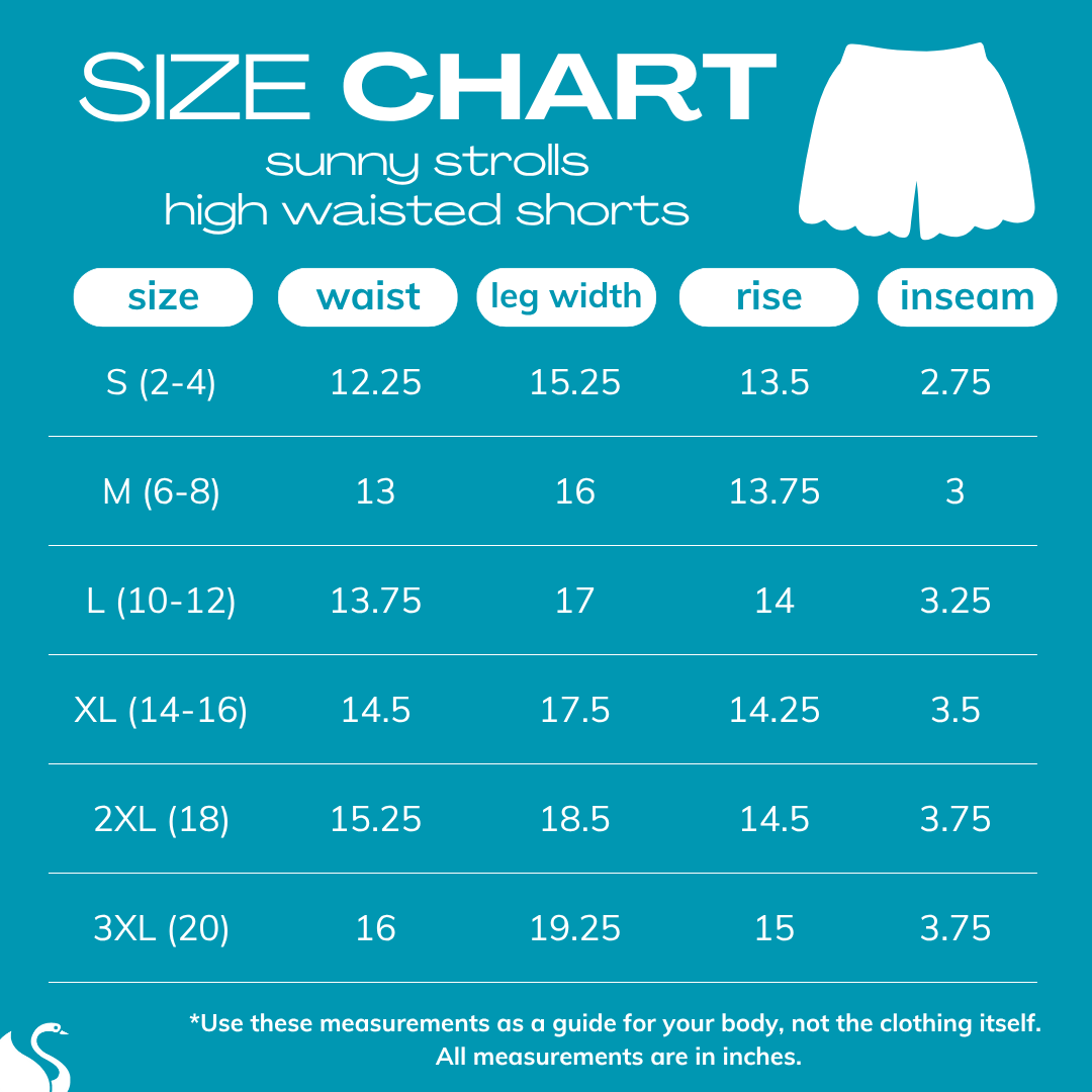 size chart for Sunny Strolls High Waisted Shorts