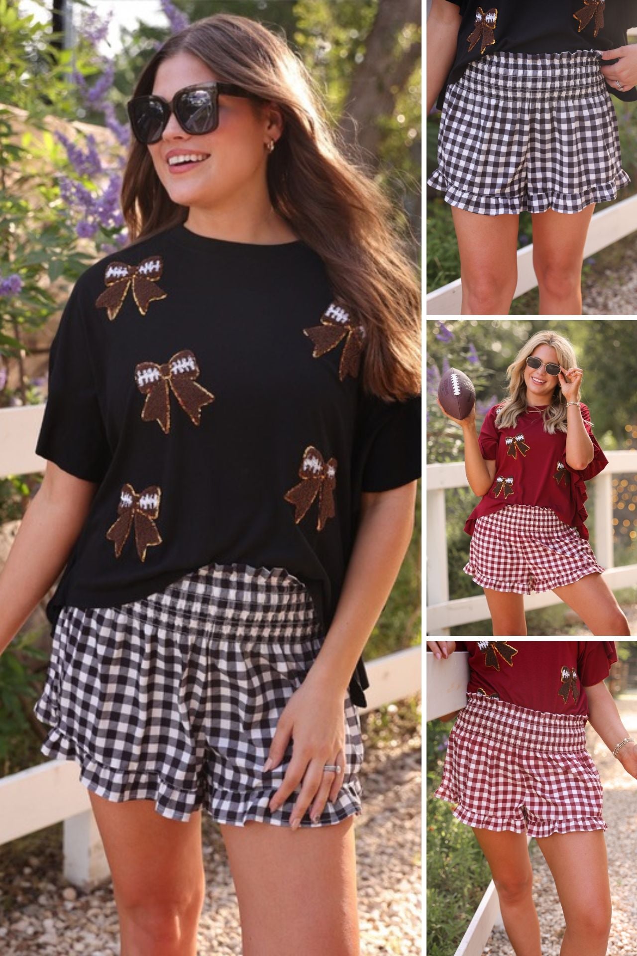 high-waisted gingham shorts with smocked waistband and ruffle hem in black and maroon