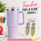 Teacher Fuel & Flair Bundle featuring a lavender insulated tumbler with a clear lid and straw, alongside a pair of colorful beaded pencil earrings on a display card. The background is a bright, clean white with subtle school-themed props like colored pencils, a red apple, and books.