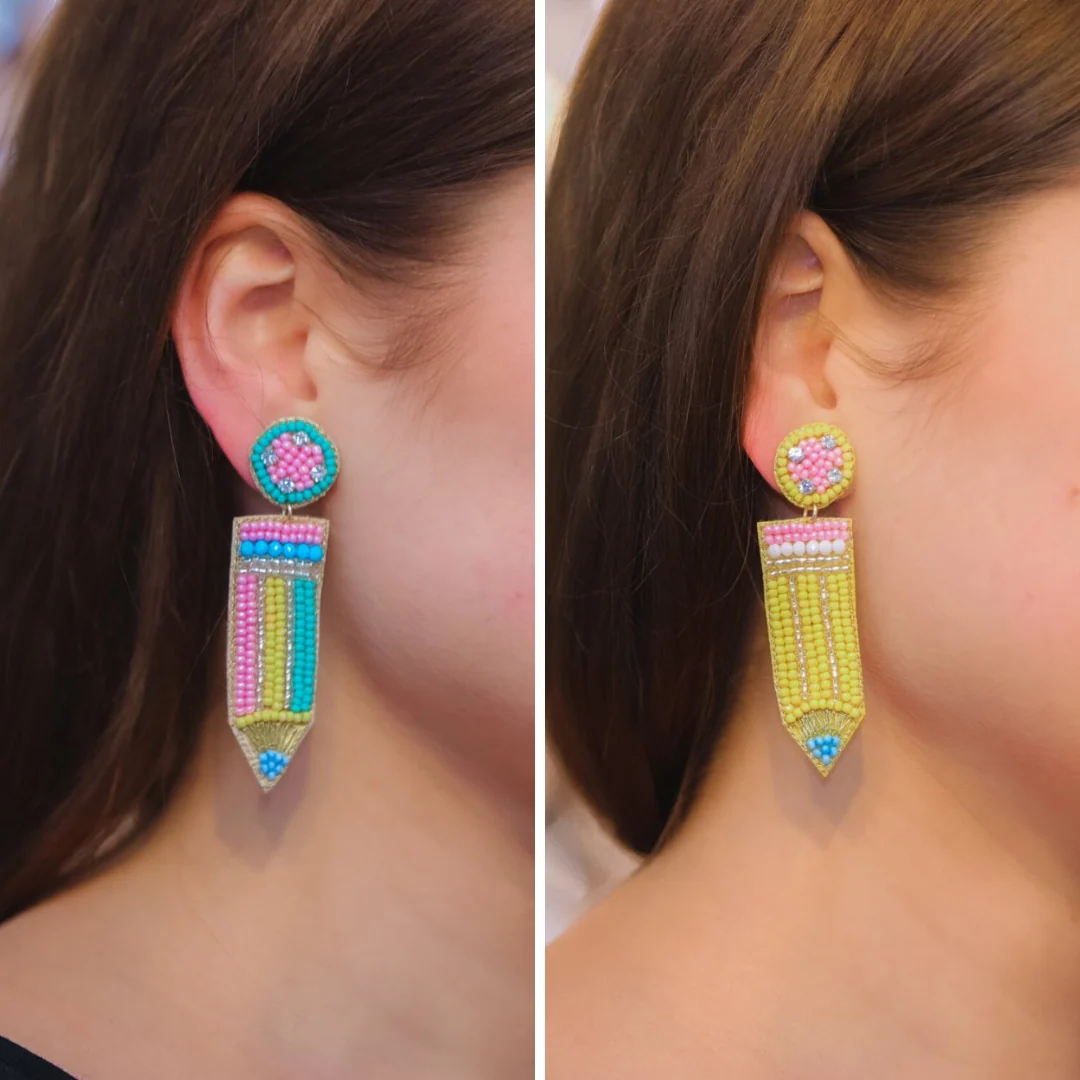 A split-screen close-up of a woman wearing a pair of colorful beaded drop earrings shaped like pencils, with a round turquoise and pink flower-like stud on top and a long yellow, pink, blue, and white beaded pencil body hanging below.