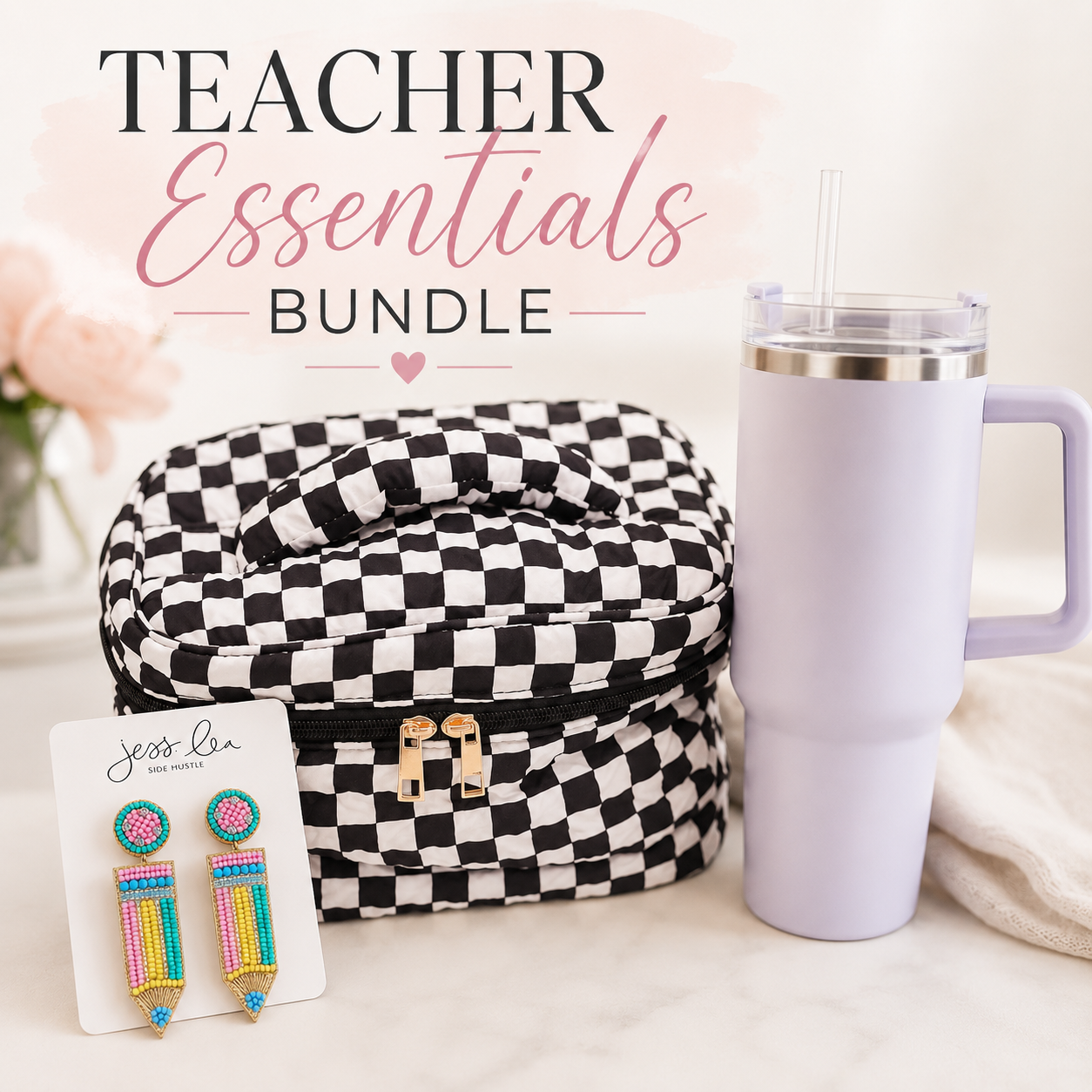 Teacher Essentials Bundle featuring a black and white checkered zippered pouch, a lavender insulated tumbler with a clear lid and straw, and a pair of colorful pencil-shaped stud earrings on a display card.