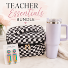 Teacher Essentials Bundle featuring a black and white checkered zippered pouch, a lavender insulated tumbler with a clear lid and straw, and a pair of colorful pencil-shaped stud earrings on a display card.
