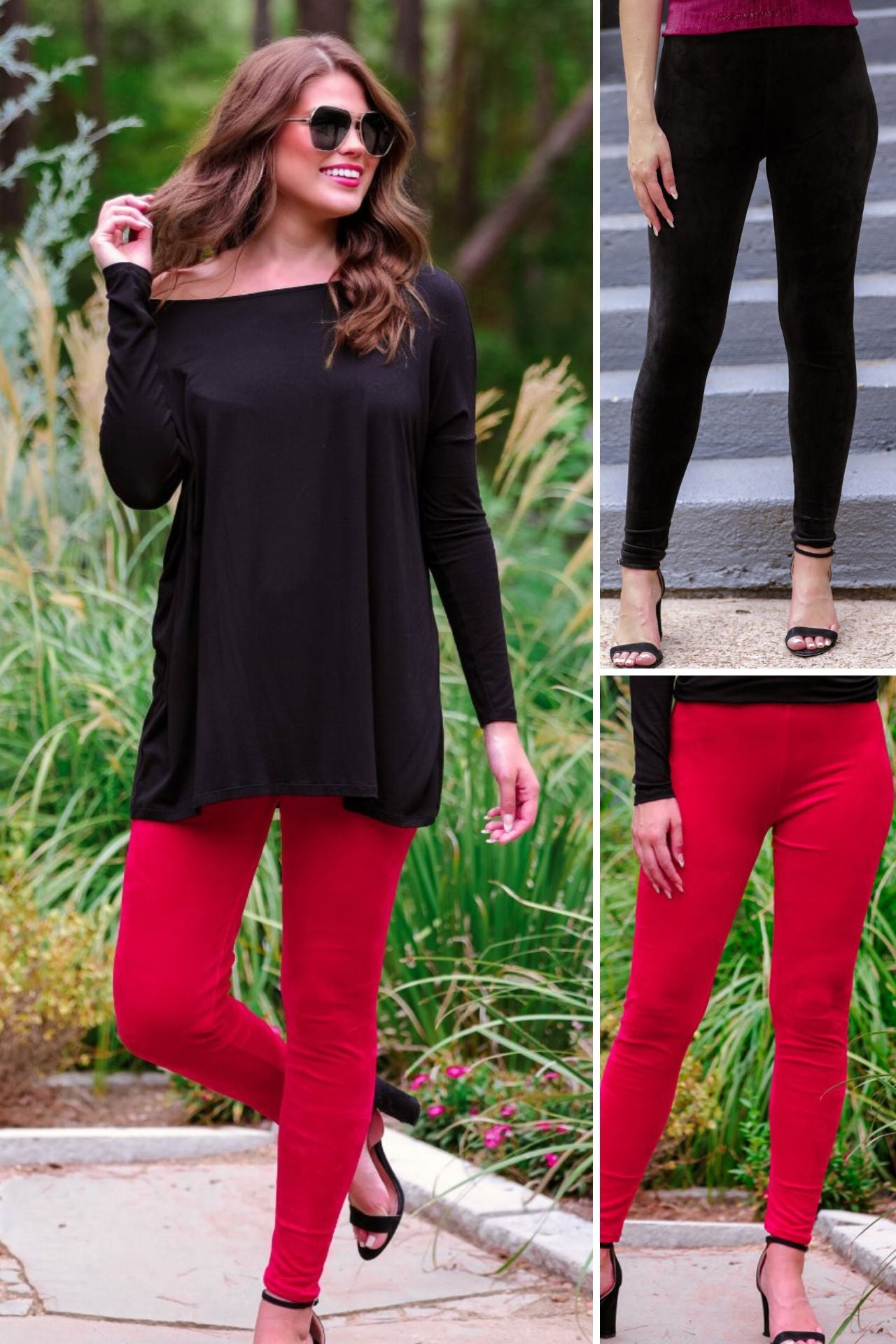 ultra soft stretch leggings crafted from luxurious velvet fabric with an elastic waistband and flattering rise in black and red