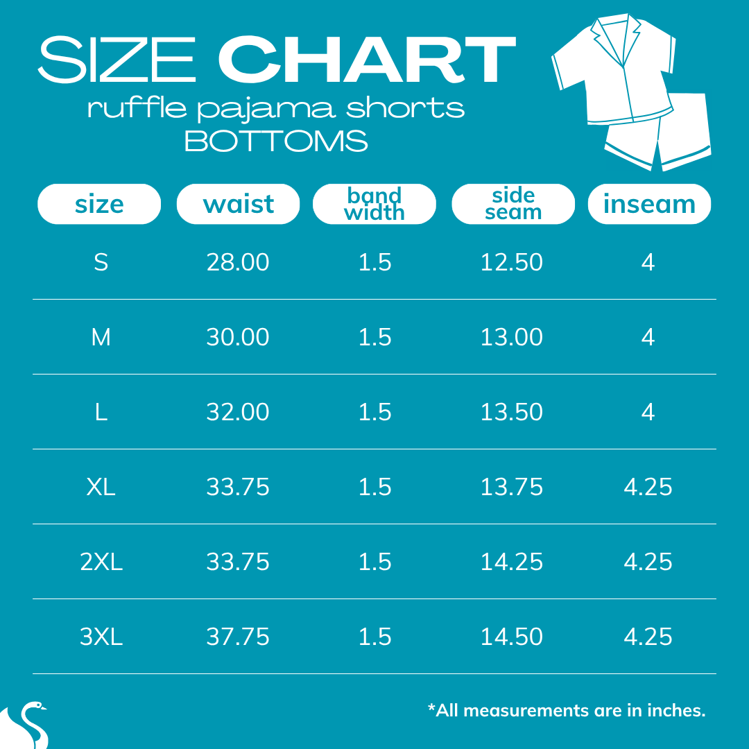 A size chart graphic for ruffle pajama shorts bottoms, showing sizes S through 3XL with waist, band width, side seam, and inseam measurements in inches on a teal background.