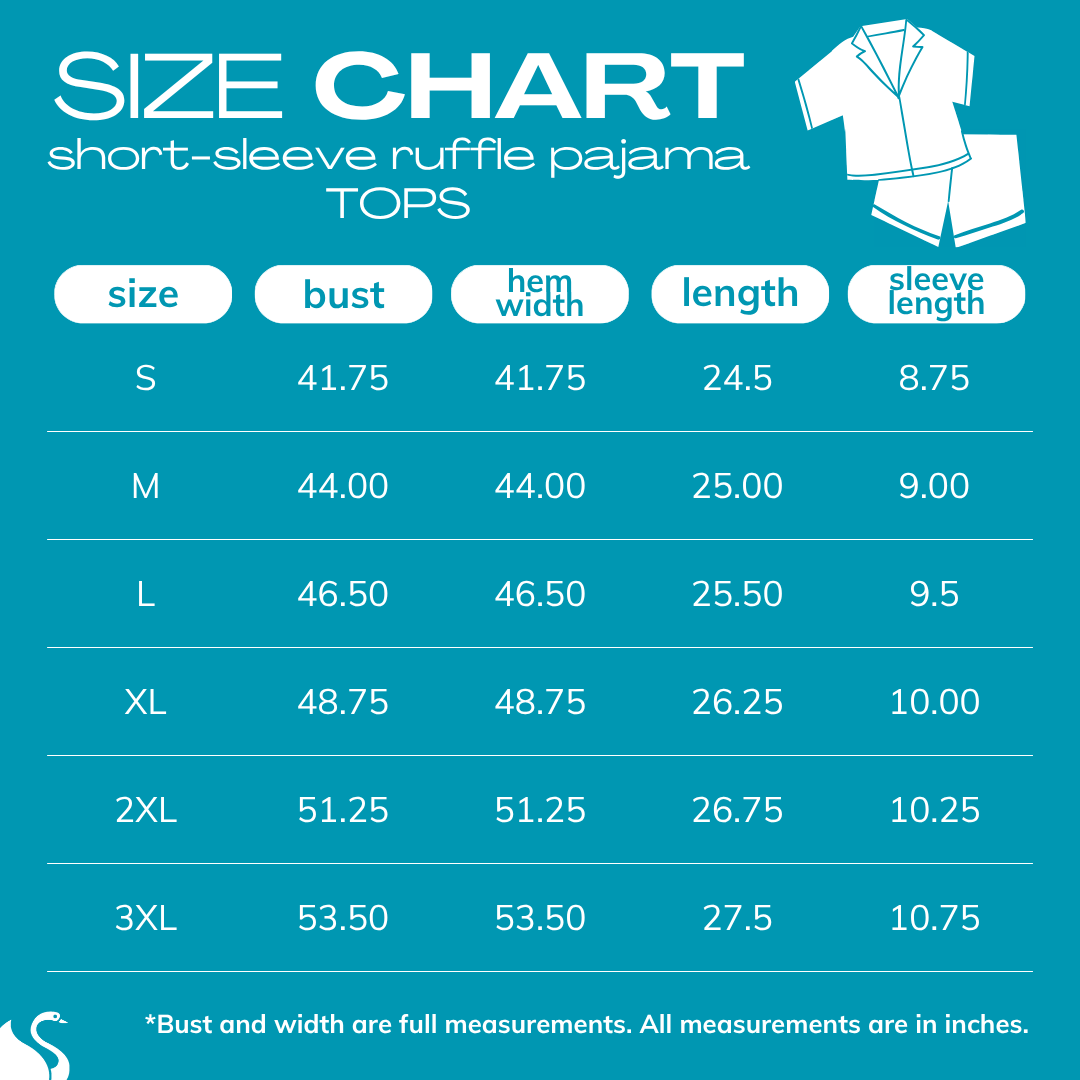 A size chart graphic for short-sleeve ruffle pajama tops, showing sizes S through 3XL with measurements for bust, hem width, length, and sleeve length on a teal background.