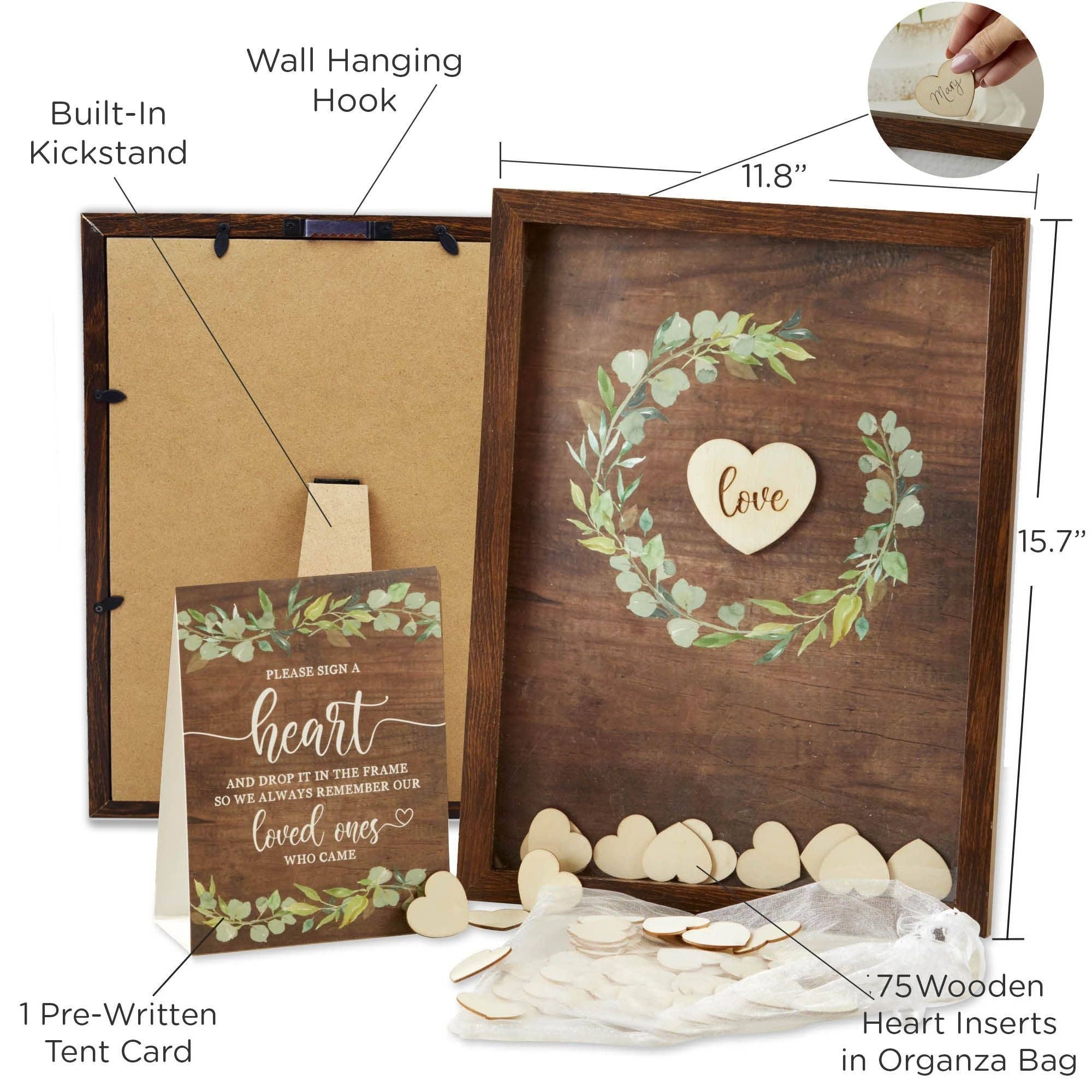 Wooden frame with heart design, pre-written tent card, and wooden hearts with measurements and details.