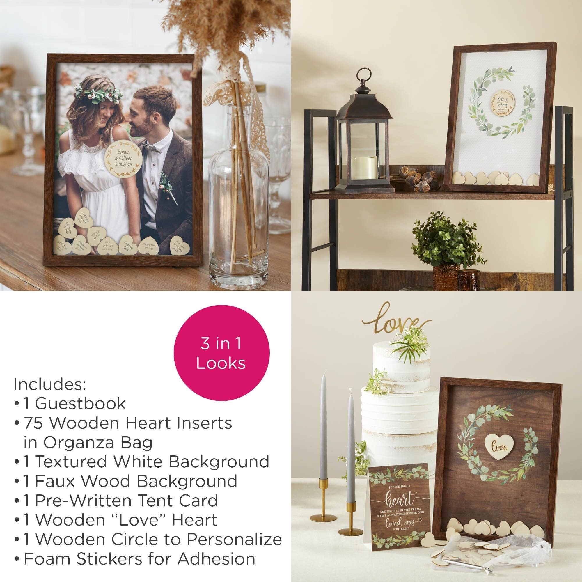 Collage of wedding decor items including frames, lanterns, and guestbook with product details.