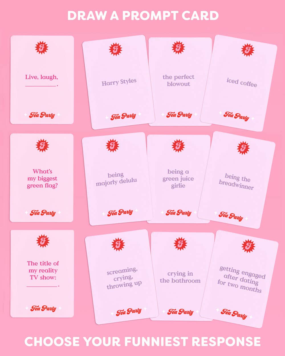 Set of cards with humorous prompts on a pink background
