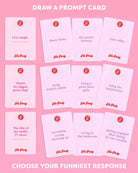 Set of cards with humorous prompts on a pink background