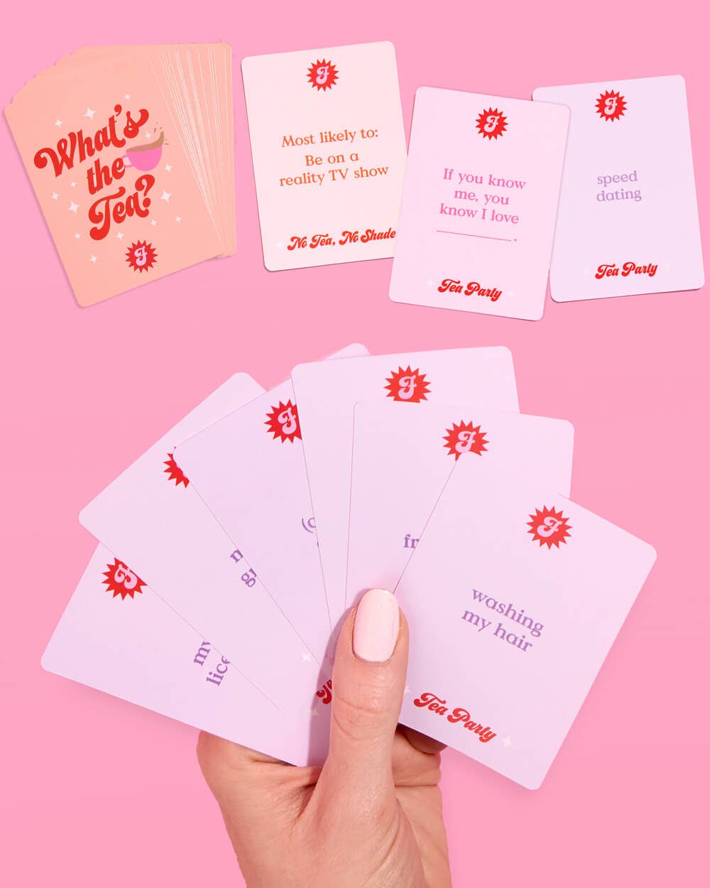 Set of cards with humorous text on a pink background